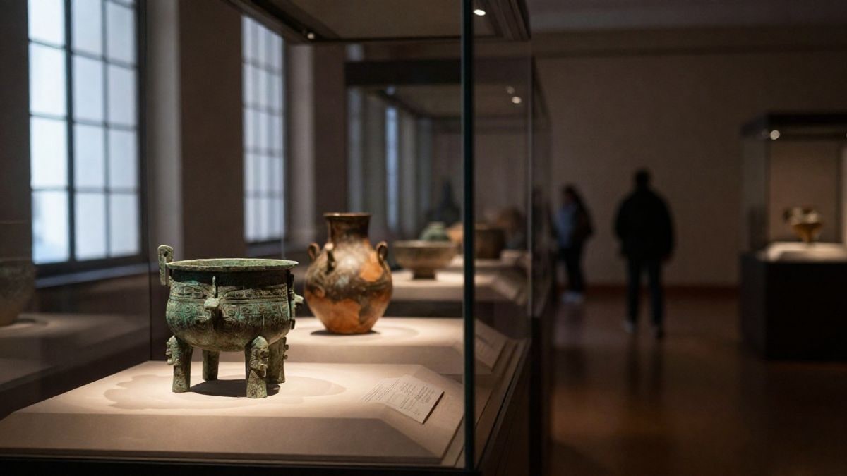 Imagen ilustrativa: vitrina de museo con piezas arqueológicas y luz natural lateral