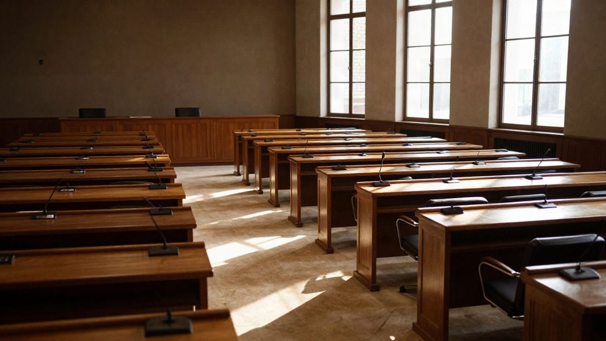 Imagen ilustrativa: sala de comisiones parlamentaria vacía con largas mesas de madera y luz de atardecer proyectando sombras alargadas