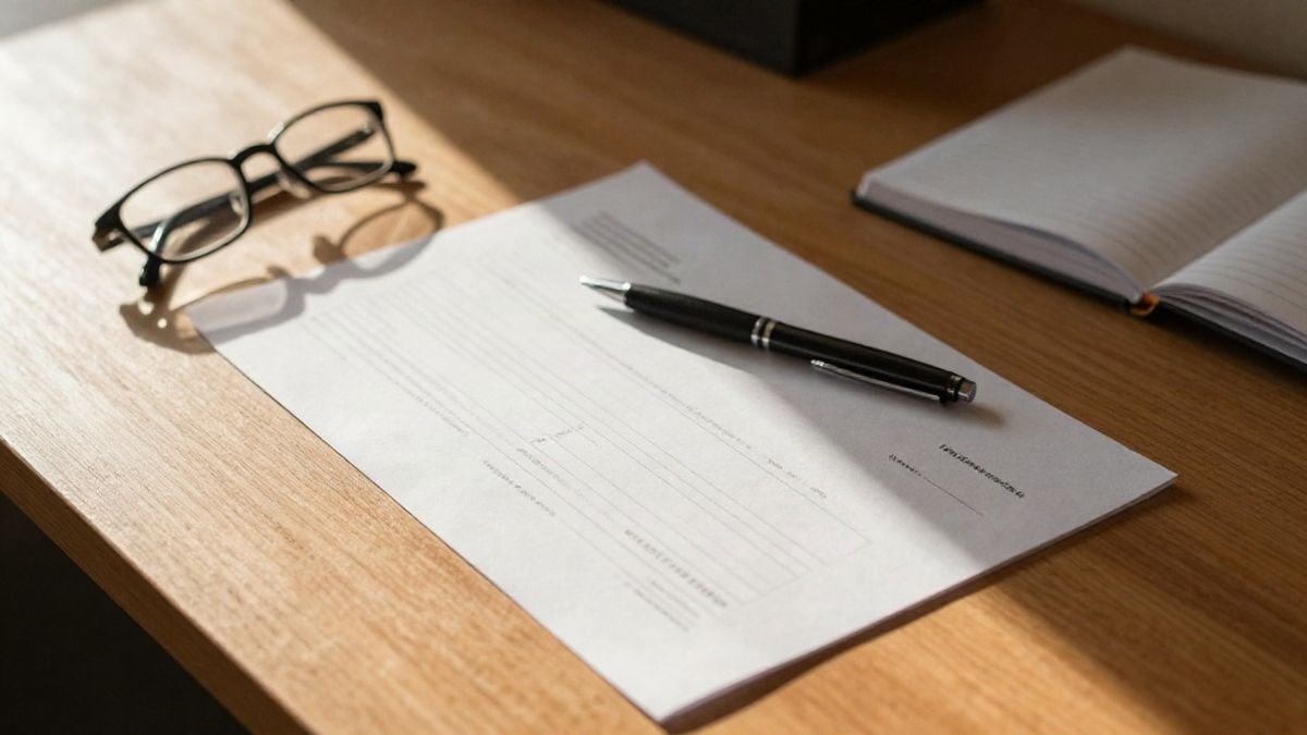 Imagen ilustrativa: mesa de madera con un formulario en blanco, un bolígrafo y unas gafas de lectura vista desde arriba