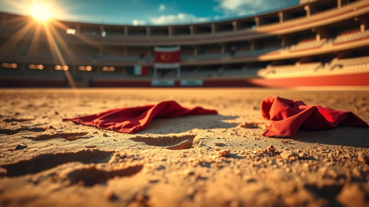 Imagen ilustrativa: un capote de toreo rojo sobre la arena de una plaza de toros al atardecer