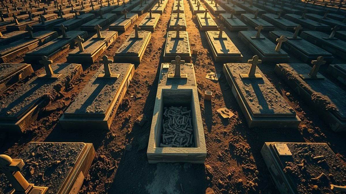 Imagen ilustrativa: vista aérea de un cementerio con un nicho abierto y un arqueólogo forense trabajando junto a él, al atardecer