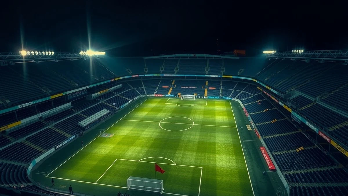 Imagen ilustrativa: vista aérea de un estadio de fútbol vacío iluminado por focos, con el césped verde y las porterías visibles.