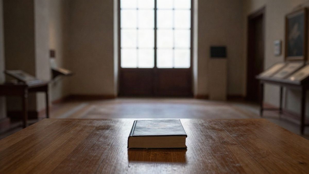 Imagen ilustrativa: un libro solitario sobre una mesa en una sala de museo con luz natural