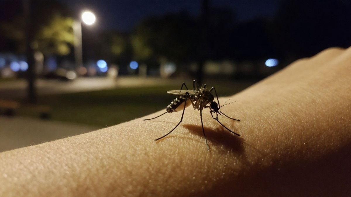 Imagen ilustrativa: mosquito sobre un brazo humano bajo luz artificial nocturna