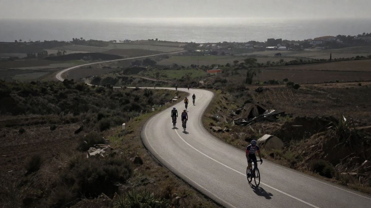 Imagen ilustrativa: carretera rural con ciclistas de fondo y calor