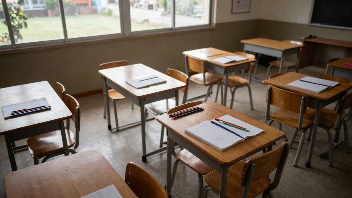 Imagen ilustrativa: vista cenital de un aula escolar con pupitres y material ordenado, sin alumnos