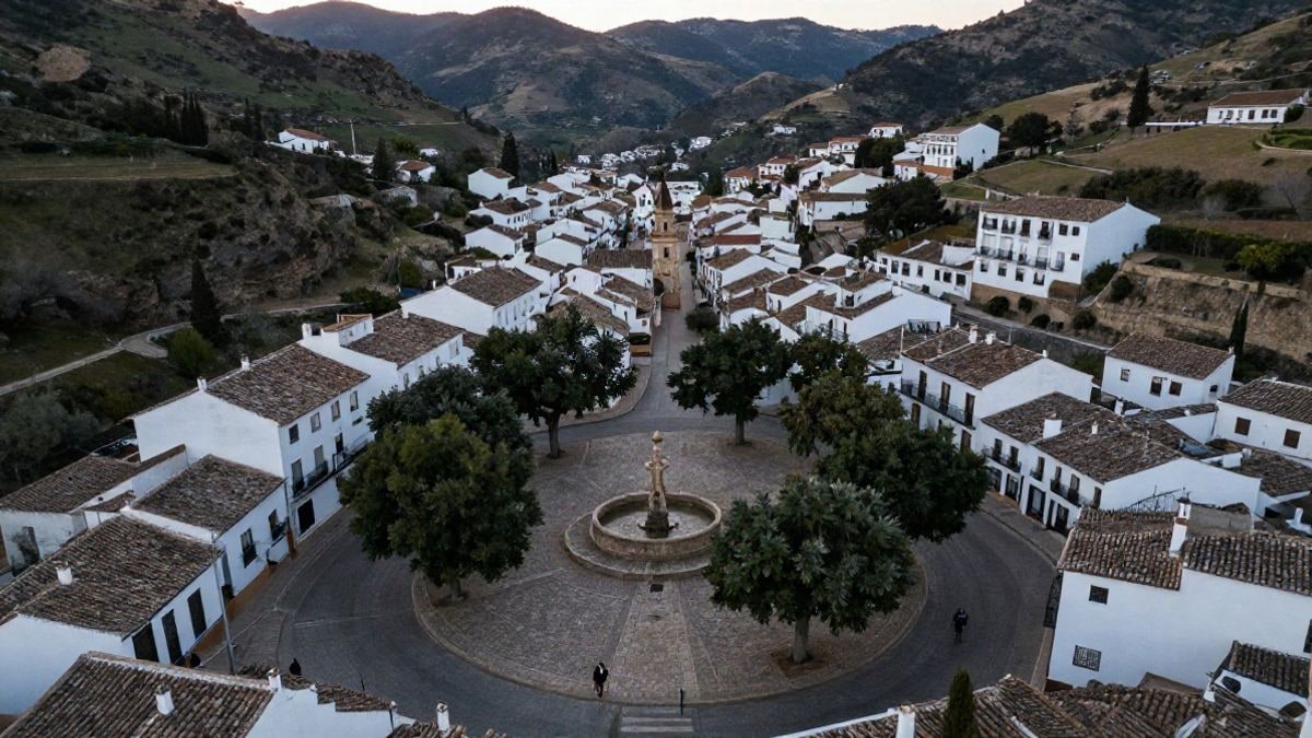 Imagen ilustrativa: vista cenital de un pueblo serrano con casas encaladas, calles estrechas y una fuente de piedra con varios caños