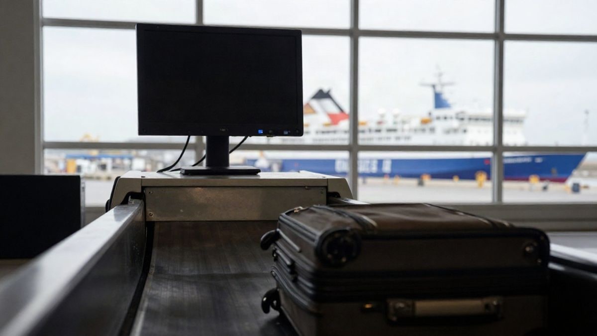 Imagen ilustrativa: ángulo bajo de una cinta de equipajes en una terminal portuaria con una maleta y un escáner al fondo