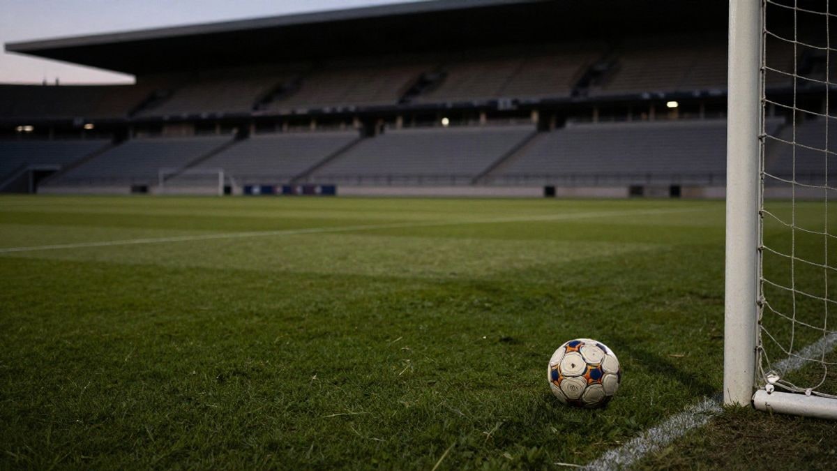 Imagen ilustrativa: un balón de fútbol sobre la hierba junto a una portería blanca al atardecer