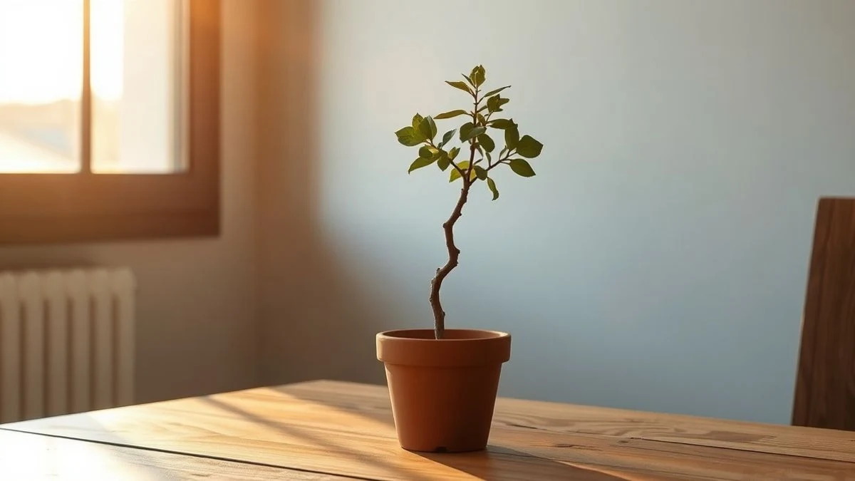 Árbol en maceta sobre mesa de madera con luz de atardecer y sombras largas en un salón municipal