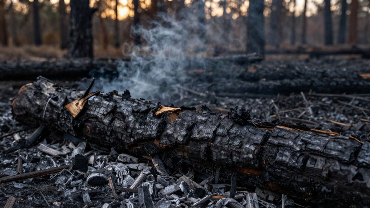 Imagen ilustrativa: detalle de corteza de pino quemada y ceniza en el suelo tras un incendio forestal
