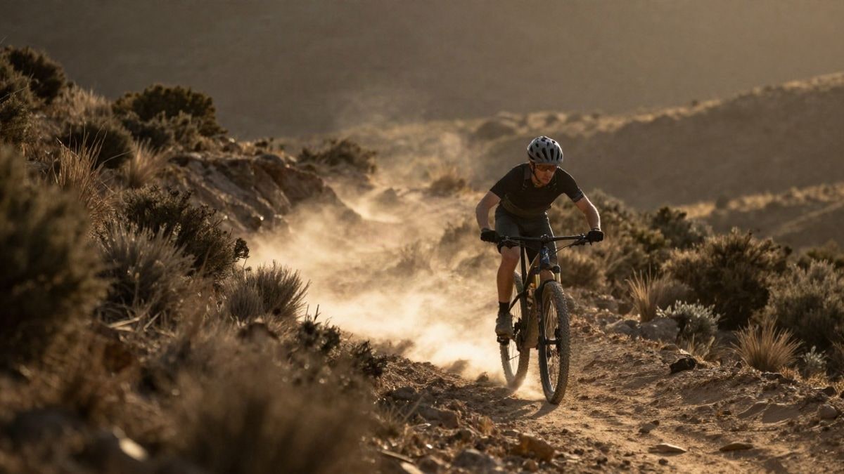 Imagen ilustrativa: sendero de montaña con polvo en suspensión al atardecer