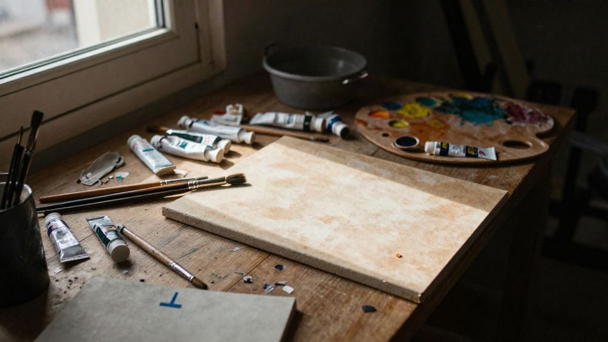Imagen ilustrativa: vista cenital de una mesa de estudio de pintor con pinceles, tubos de pintura y un lienzo