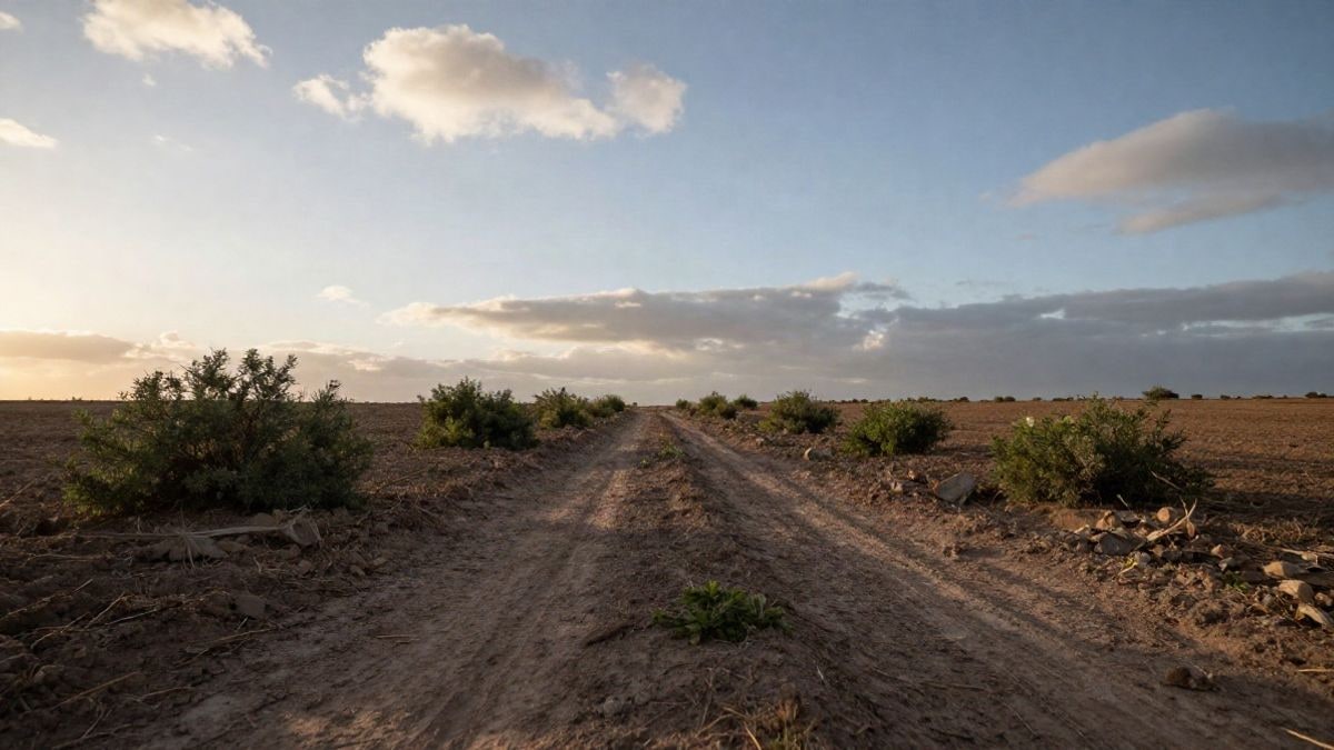 Imagen ilustrativa: ángulo bajo a ras de suelo con cielo de fondo sobre un terreno agrícola seco