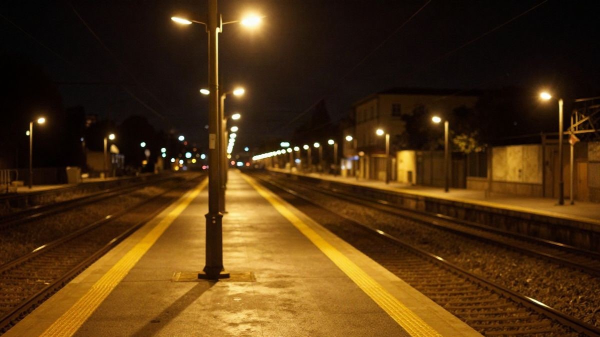Imagen ilustrativa: andén ferroviario vacío iluminado por farolas en la noche