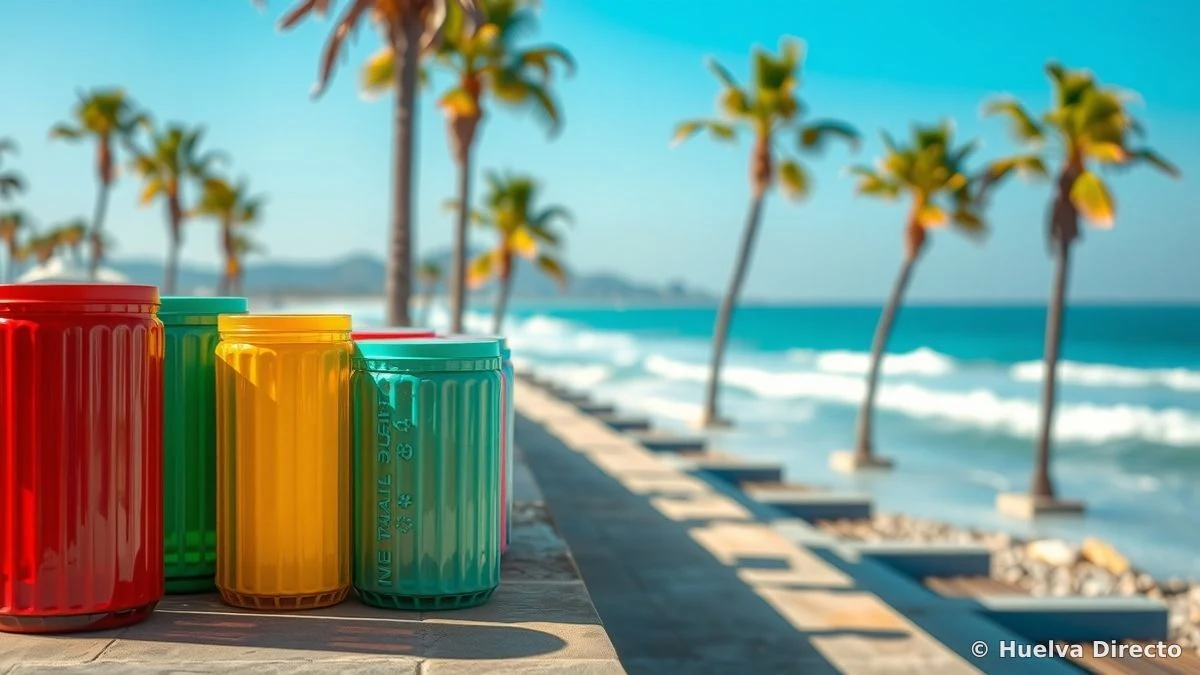 Contenedores de reciclaje de vidrio en un paseo marítimo soleado con el mar al fondo