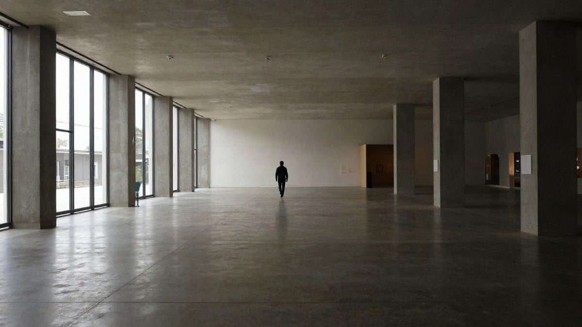 Imagen ilustrativa: interior diáfano de un centro cultural moderno con una figura lejana de espaldas