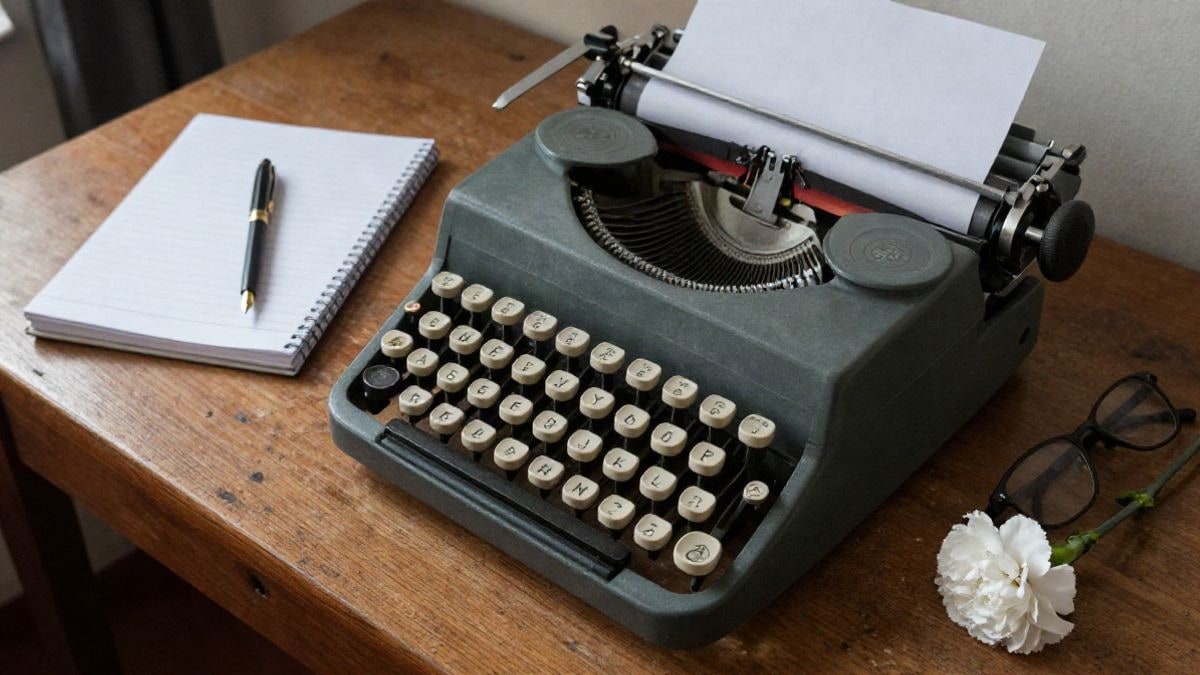 Imagen ilustrativa: mesa de madera vista desde arriba con una máquina de escribir antigua, una libreta cerrada y una flor blanca