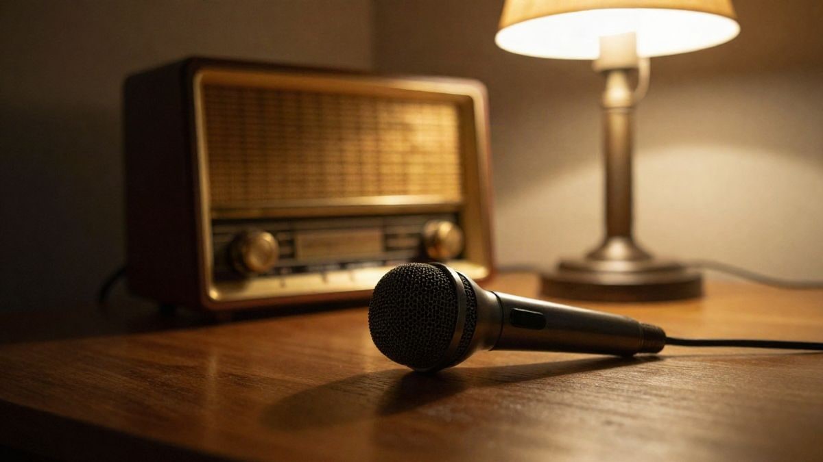 Imagen ilustrativa: un micrófono antiguo sobre una mesa de madera con una radio de época al fondo, iluminado por una lámpara cálida