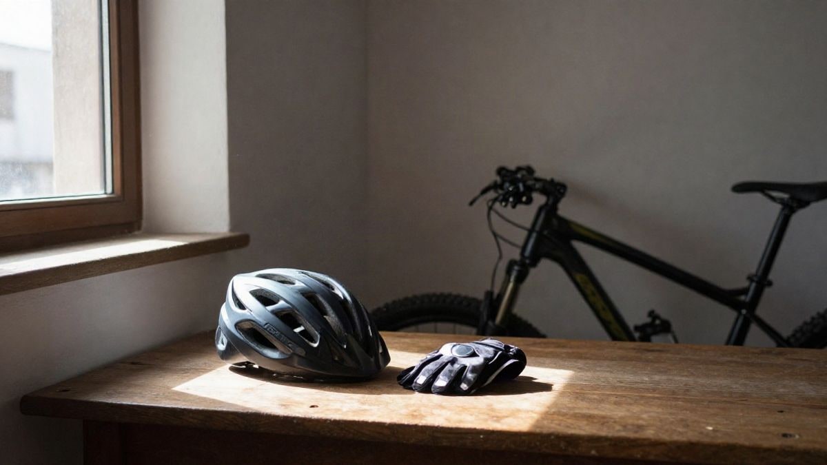 Imagen ilustrativa: casco y guantes de ciclismo sobre una mesa de madera junto a una bicicleta, con luz de ventana lateral