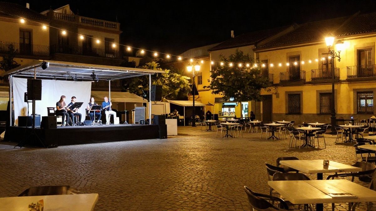 Imagen ilustrativa: plaza española de noche iluminada con farolas y un escenario de conciertos durante una feria gastronómica