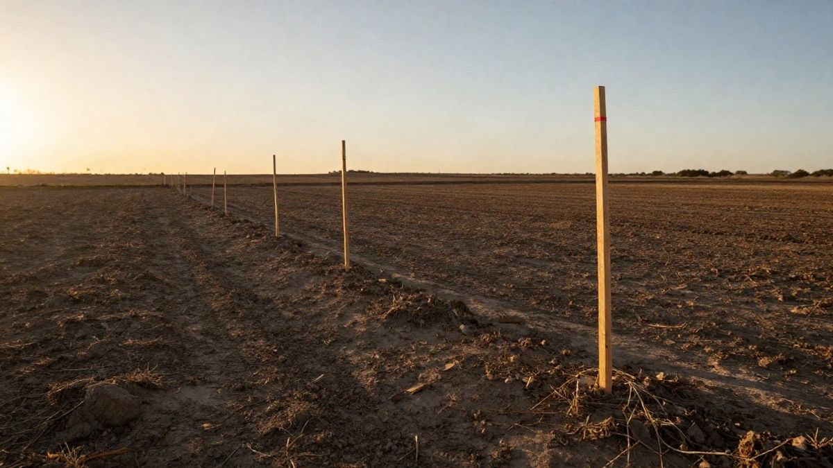 Imagen ilustrativa: un solar vacío con estacas de madera al atardecer, con el suelo en primer plano y el fondo desenfocado