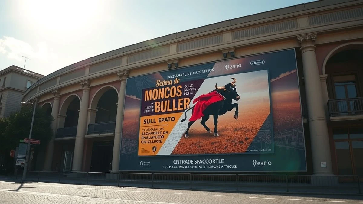 Cartel gigante de la feria taurina en la fachada de la Plaza de Toros de La Merced