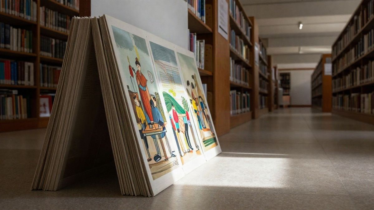 Imagen ilustrativa: láminas de gran formato apoyadas en una sala de biblioteca con luz natural