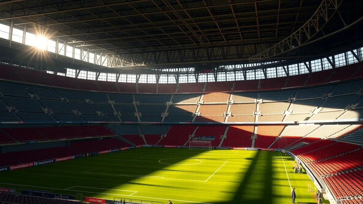 Imagen ilustrativa: interior de un estadio de fútbol vacío con césped y una portería al fondo, luz natural que entra por una ventana lateral.