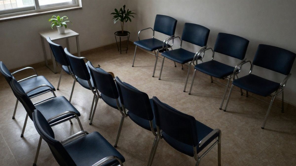 Imagen ilustrativa: vista cenital de una sala de espera genérica de un centro de salud mental con sillas vacías
