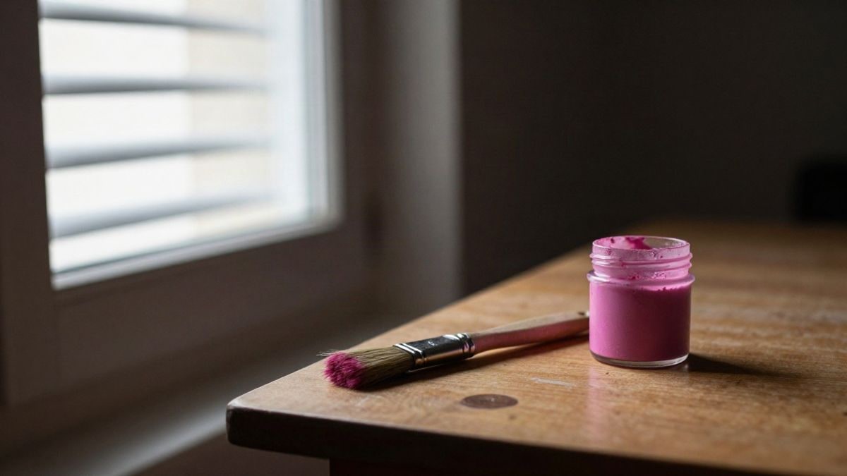 Imagen ilustrativa: un pincel sobre una mesa de madera junto a un bote de pintura rosa