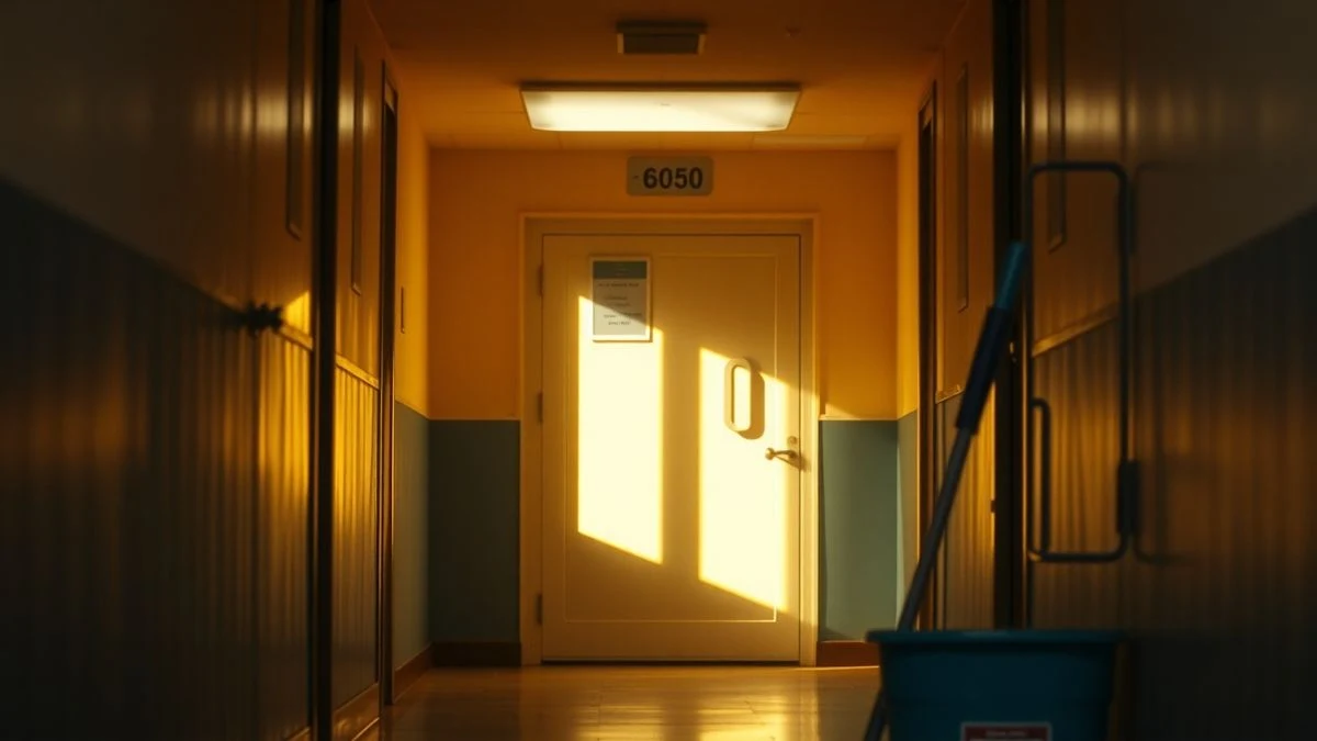 Pasillo de un colegio con luz natural y una puerta señalizada como aula TEA, con material de limpieza en primer plano.