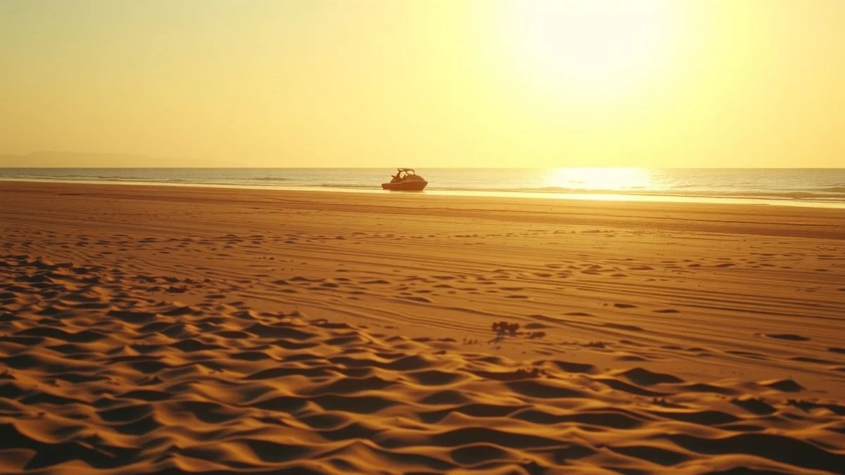 Imagen ilustrativa: una playa amplia y vacía al atardecer, con una moto náutica pequeña y lejana en el horizonte, sin personas ni logos.