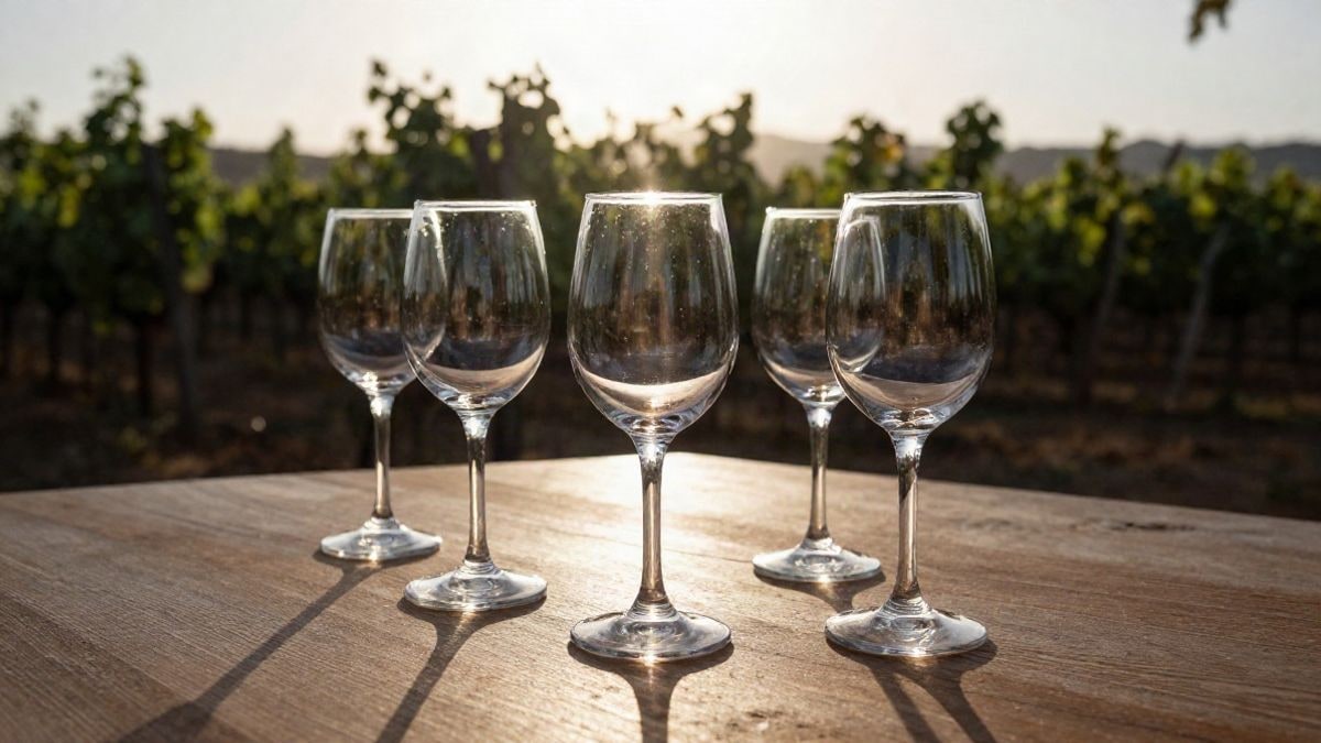 Imagen ilustrativa: copas de vino vacías sobre una mesa de madera al atardecer, con sombras largas y viñedo desenfocado al fondo