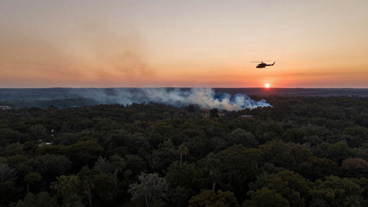 Imagen ilustrativa: vista aérea de una zona forestal con humo y un helicóptero de extinción al atardecer