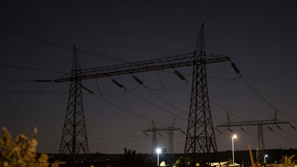 Imagen ilustrativa: tendidos eléctricos y torres de alta tensión recortadas contra el cielo nocturno, iluminadas por farolas