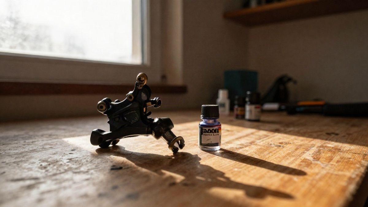Imagen ilustrativa: máquina de tatuar y botellas de tinta sobre una mesa de madera iluminada por el atardecer