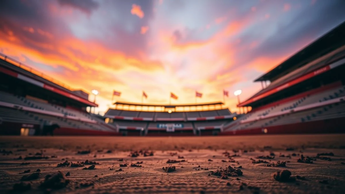 Imagen ilustrativa: ruedo de una plaza de toros vacía al atardecer, con la arena y el callejón en primer plano y las gradas desenfocadas al fondo.
