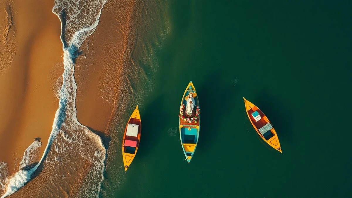 Vista cenital de una procesión marítima de barcos decorados cerca de la playa de Mazagón al atardecer