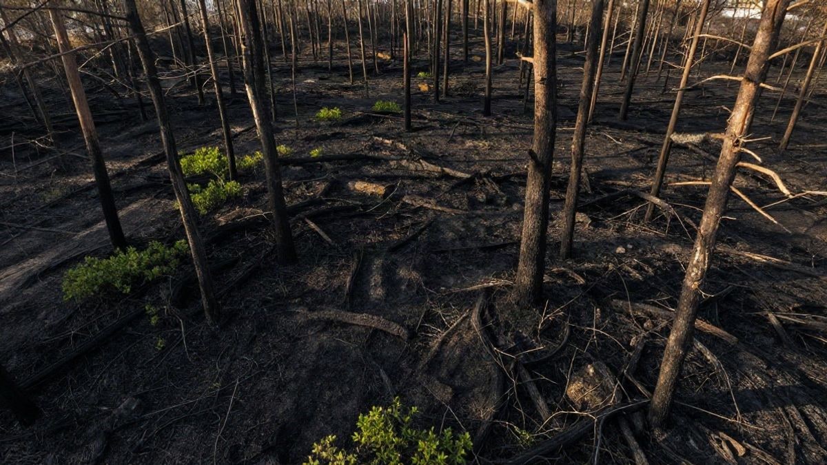 Imagen ilustrativa: vista aérea de un bosque quemado con troncos calcinados y brotes verdes en los bordes