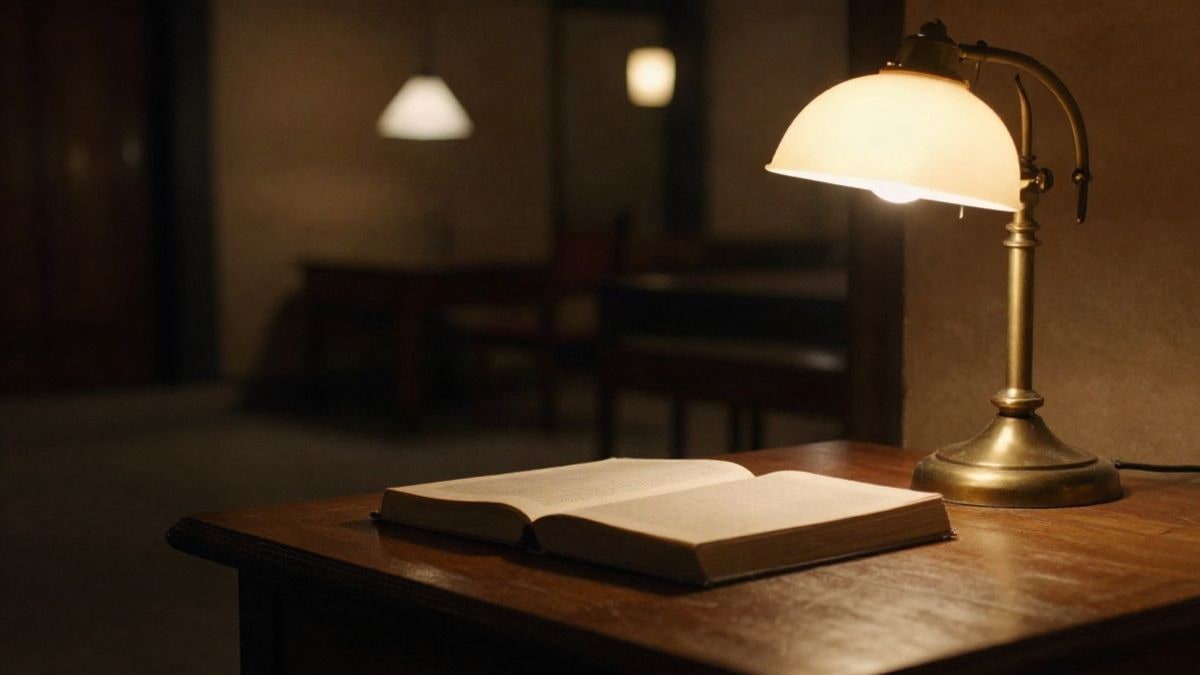 Imagen ilustrativa: un libro cerrado sobre una mesa de madera bajo una lámpara de latón con luz cálida en una escena nocturna