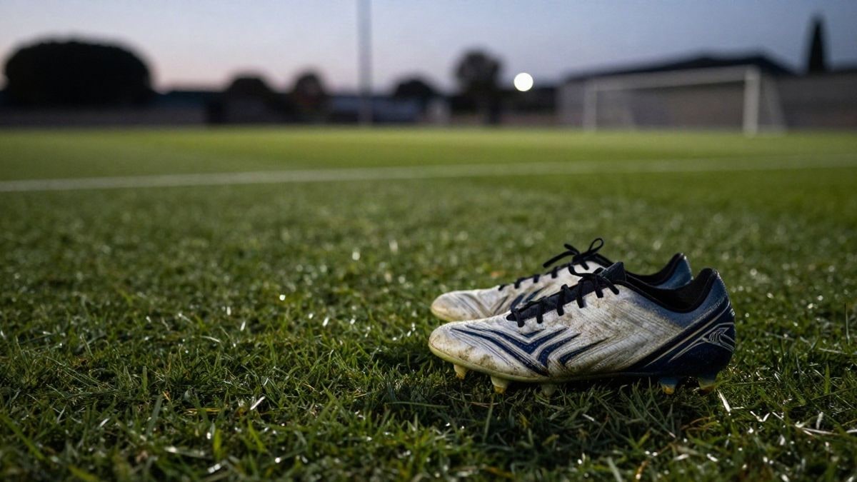 Imagen ilustrativa: botas de fútbol sobre hierba húmeda en un campo de entrenamiento al atardecer
