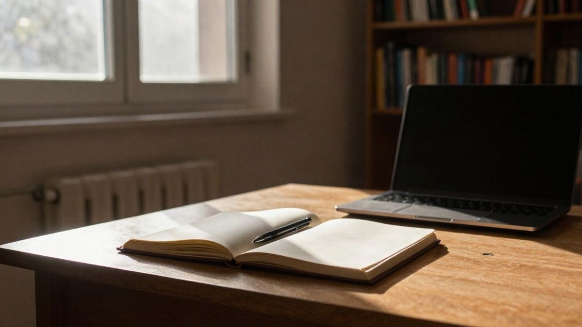 Imagen ilustrativa: escritorio de estudiante con cuaderno abierto y luz de ventana lateral