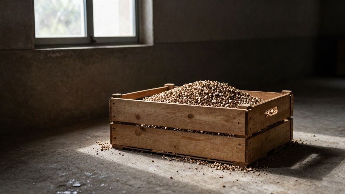 Imagen ilustrativa: un cajón de madera con pellets de biomasa junto a una ventana con luz lateral en un espacio industrial