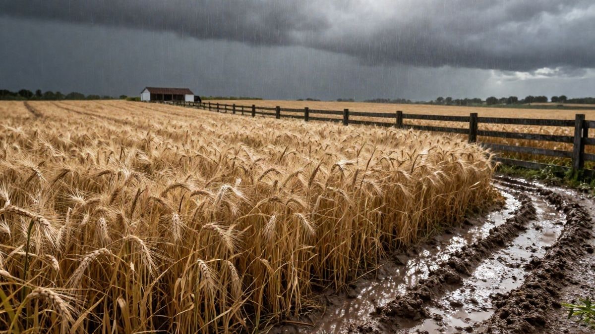Imagen ilustrativa: campo de trigo anegado tras un temporal, con surcos embarrados y una valla de madera al atardecer