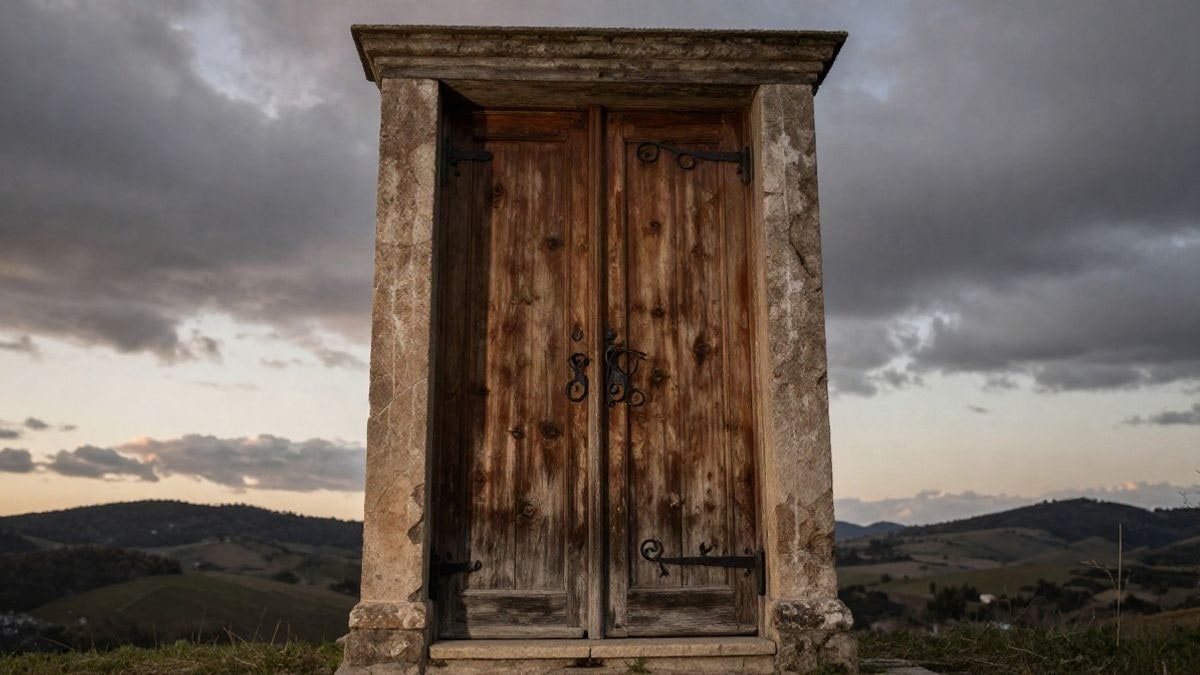 Imagen ilustrativa: puerta de madera de una iglesia rural con cielo de atardecer.