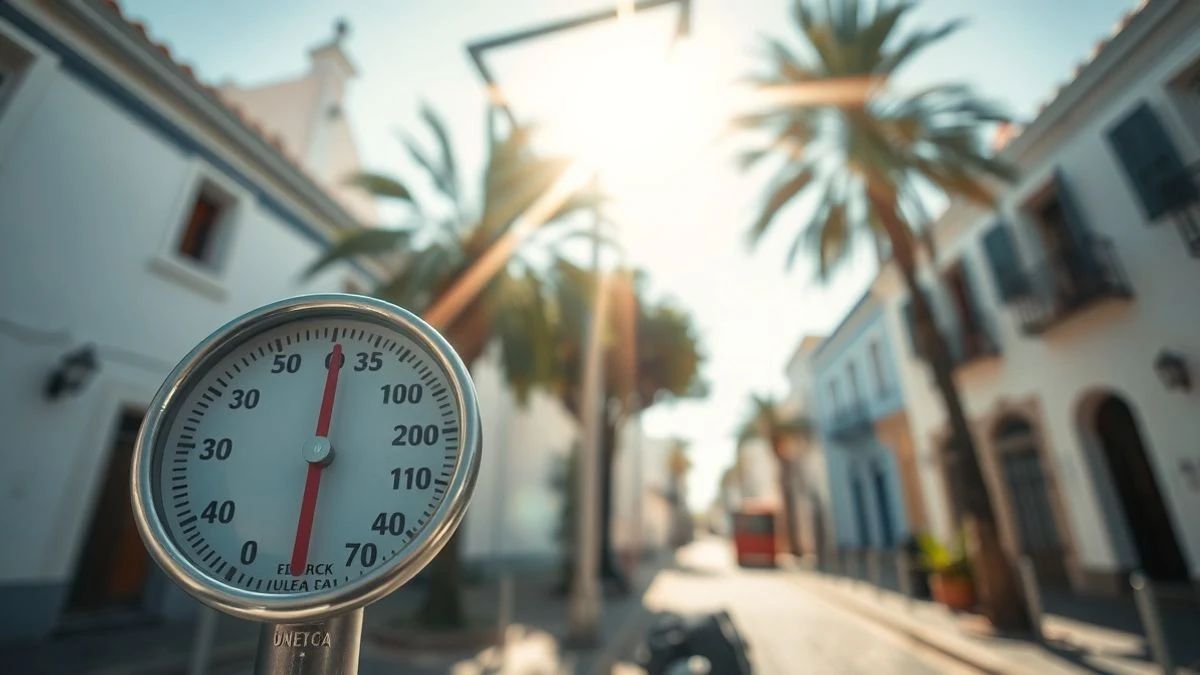 Termómetro marcando 35 grados en una calle soleada de Huelva capital con edificios blancos y palmeras al fondo