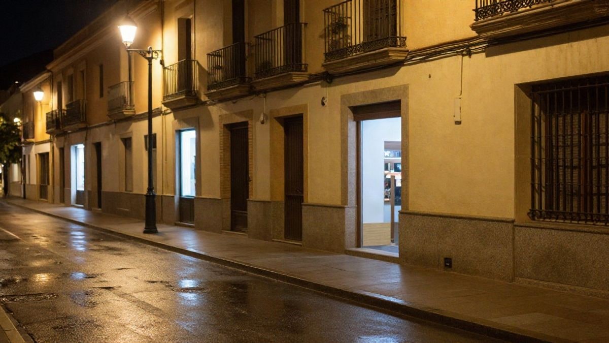 Imagen ilustrativa: una calle de barrio de noche, iluminada por farolas y el neón tenue de un comercio, sin personas