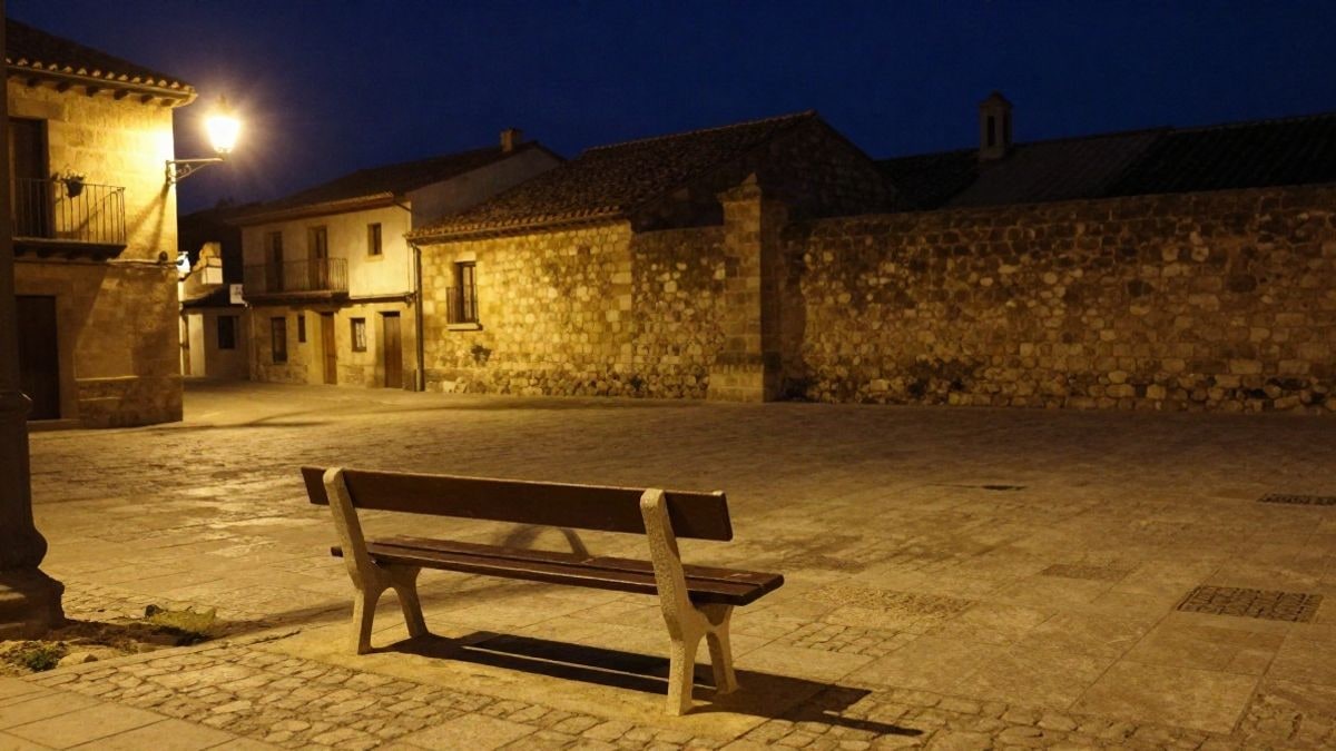 Imagen ilustrativa: plaza empedrada de un pueblo al anochecer con farolas encendidas