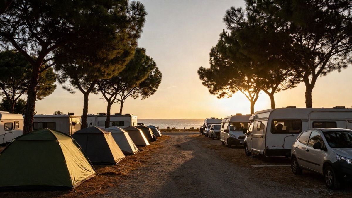 Imagen ilustrativa: vista de un camping con tiendas y caravanas entre pinos al atardecer, con la costa al fondo
